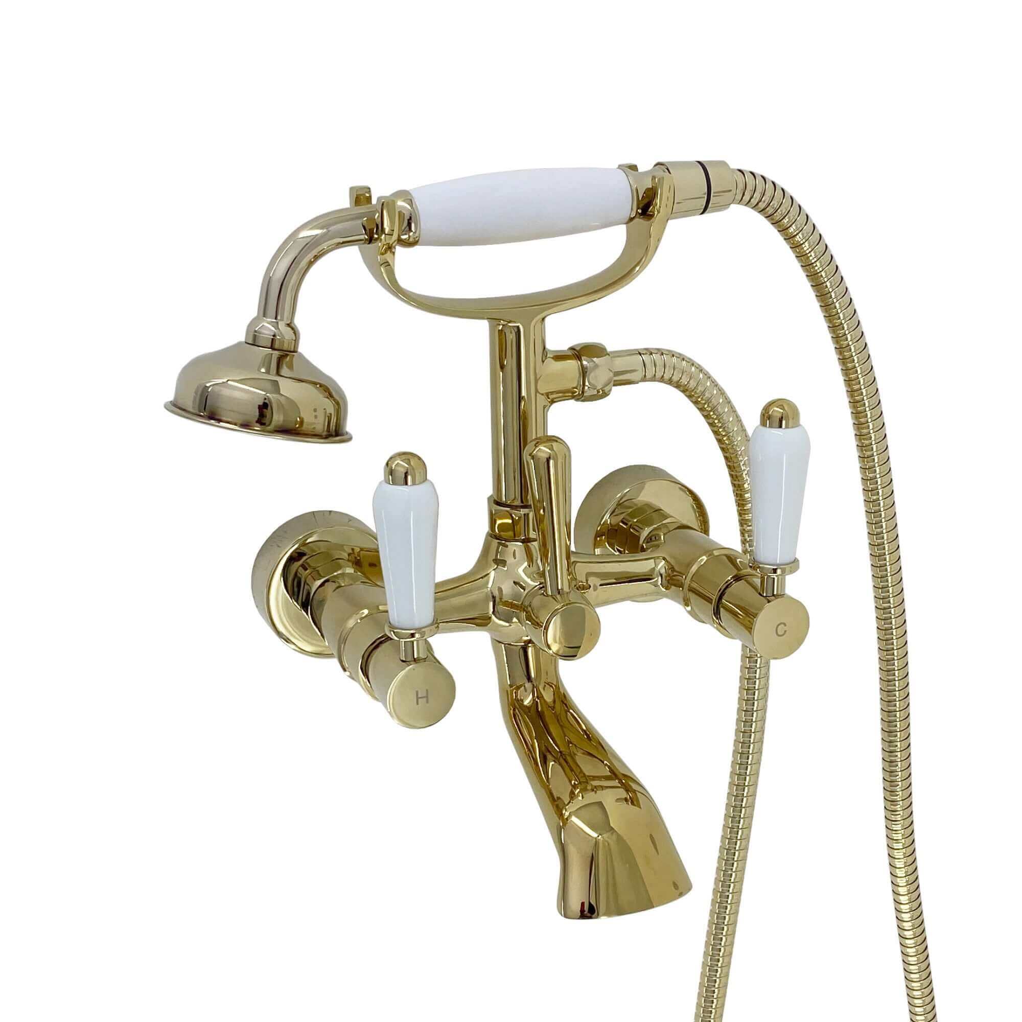 Buy Downton wall mounted bath shower mixer tap with white ceramic levers - gold Online UK | HOUSE OF ENKI